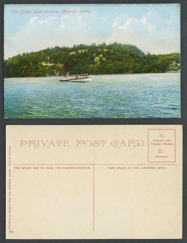 Canada Old Colour Postcard The Bluffs Lake Rosseau Muskoka Lakes Ferry Boat Ont.