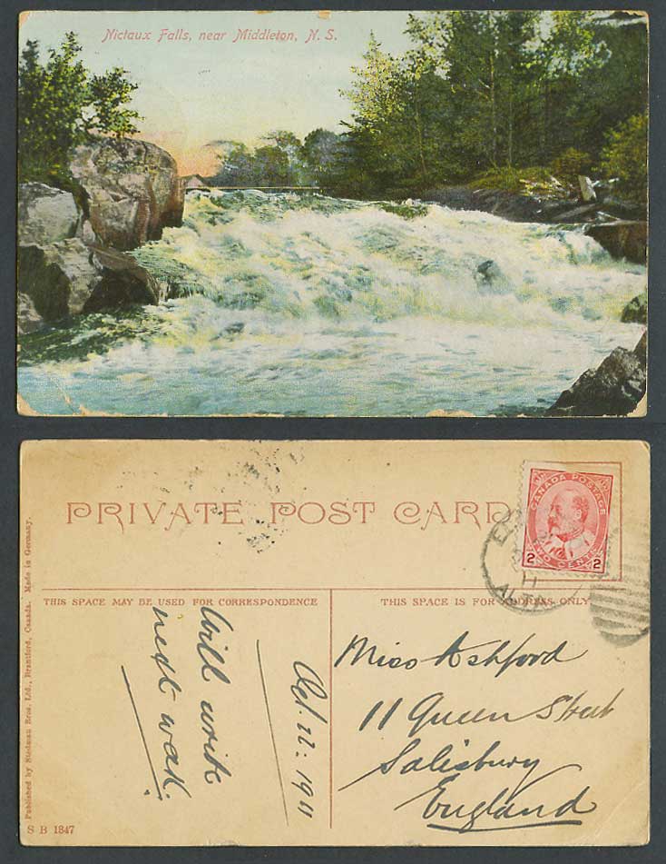 Canada 1911 Old Postcard Nictaux Falls near Middleton Nova Scotia N.S. Waterfall