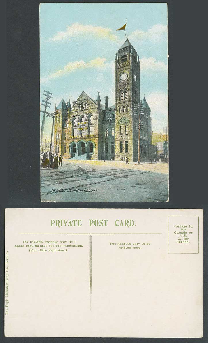 Canada Old Colour Postcard City Hall Hamilton Clock Tower Street Scene Tramlines
