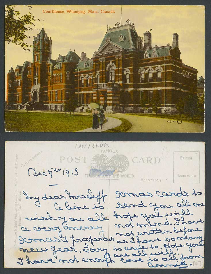 Canada 1913 Old Colour Postcard Court House Courthouse Winnipeg Manitoba Bicycle