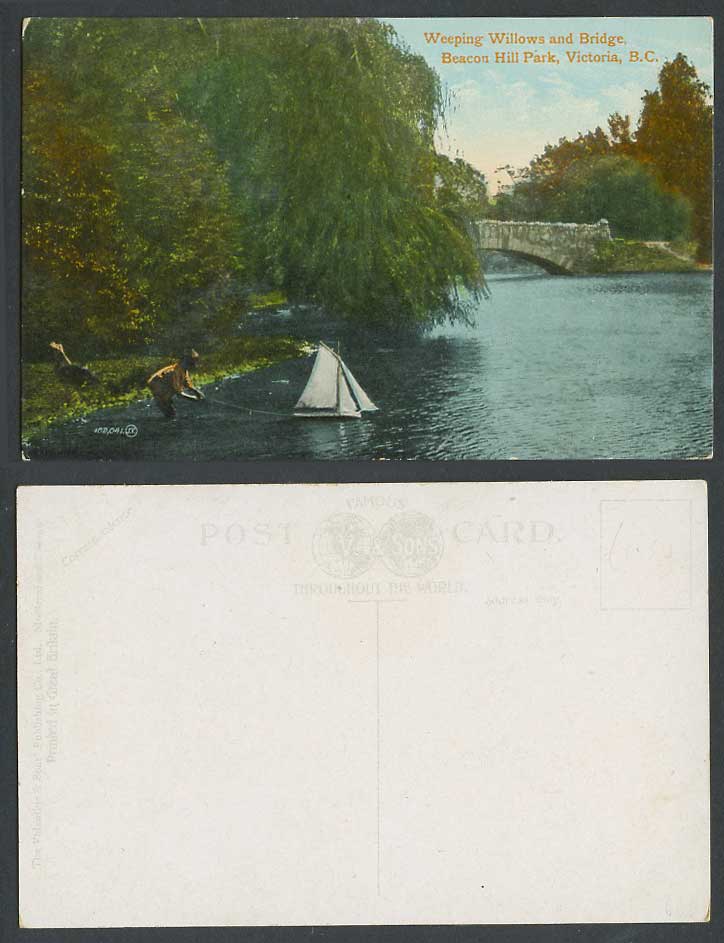 Canada Old Postcard Weeping Willows Bridge Beacon Hill Park Vic. B.C. Model Boat