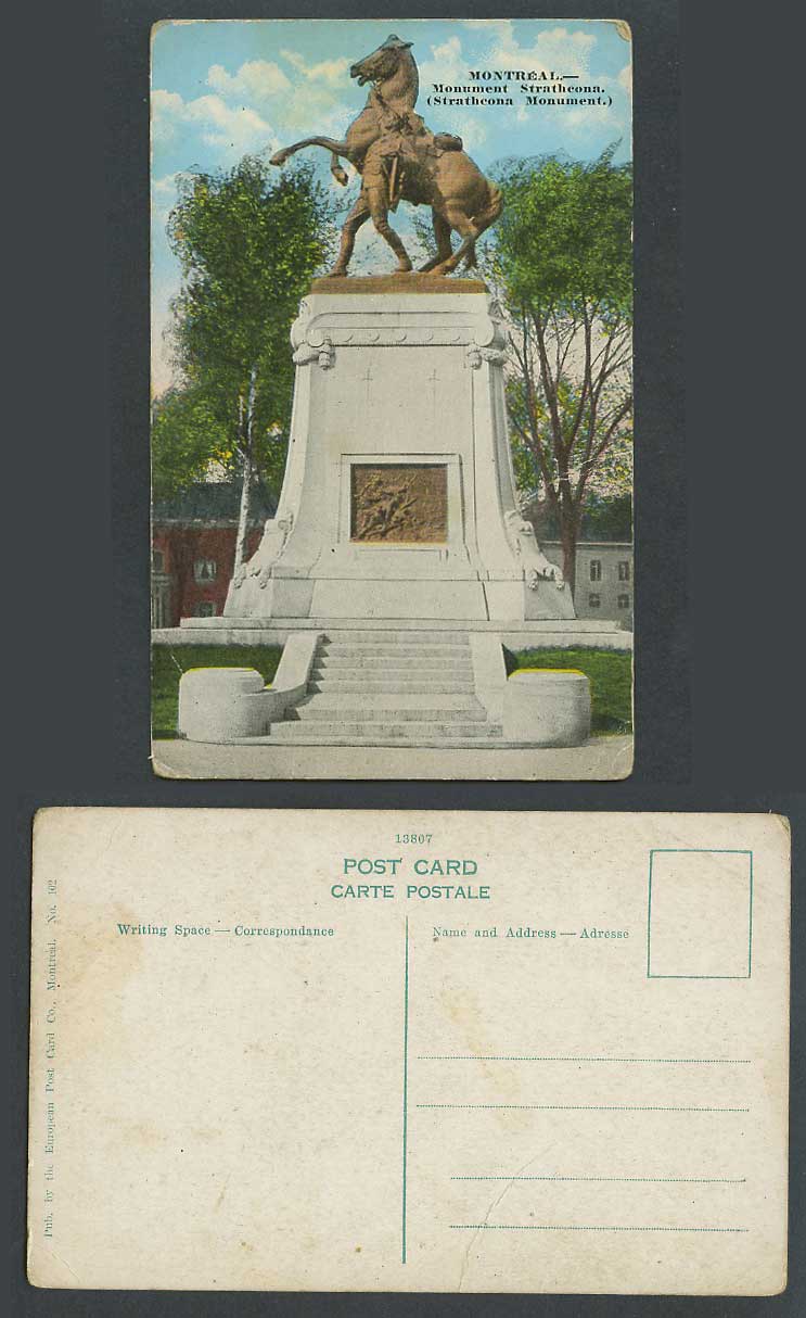 Canada Old Colour Postcard Montreal Monument Strathcona Horse Rider Statue Quebe