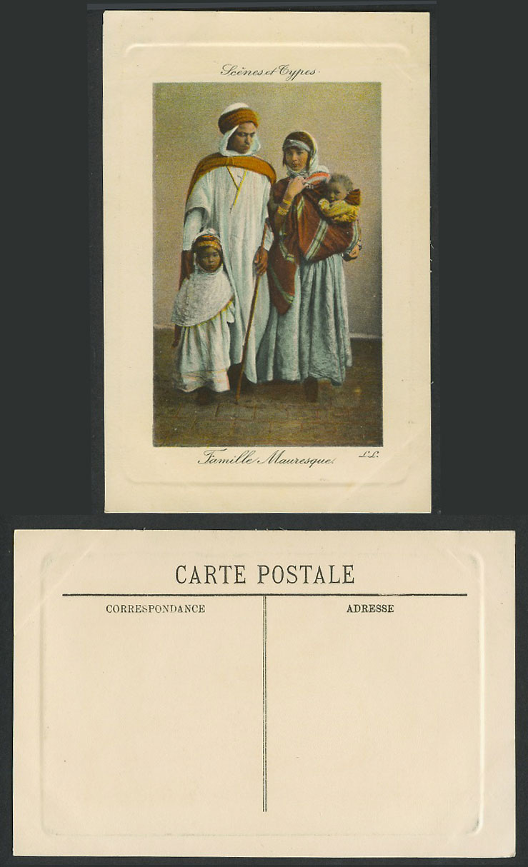 Ethnic, A Moorish Family Man Woman Girl, Famille Mauresque Old Embossed Postcard