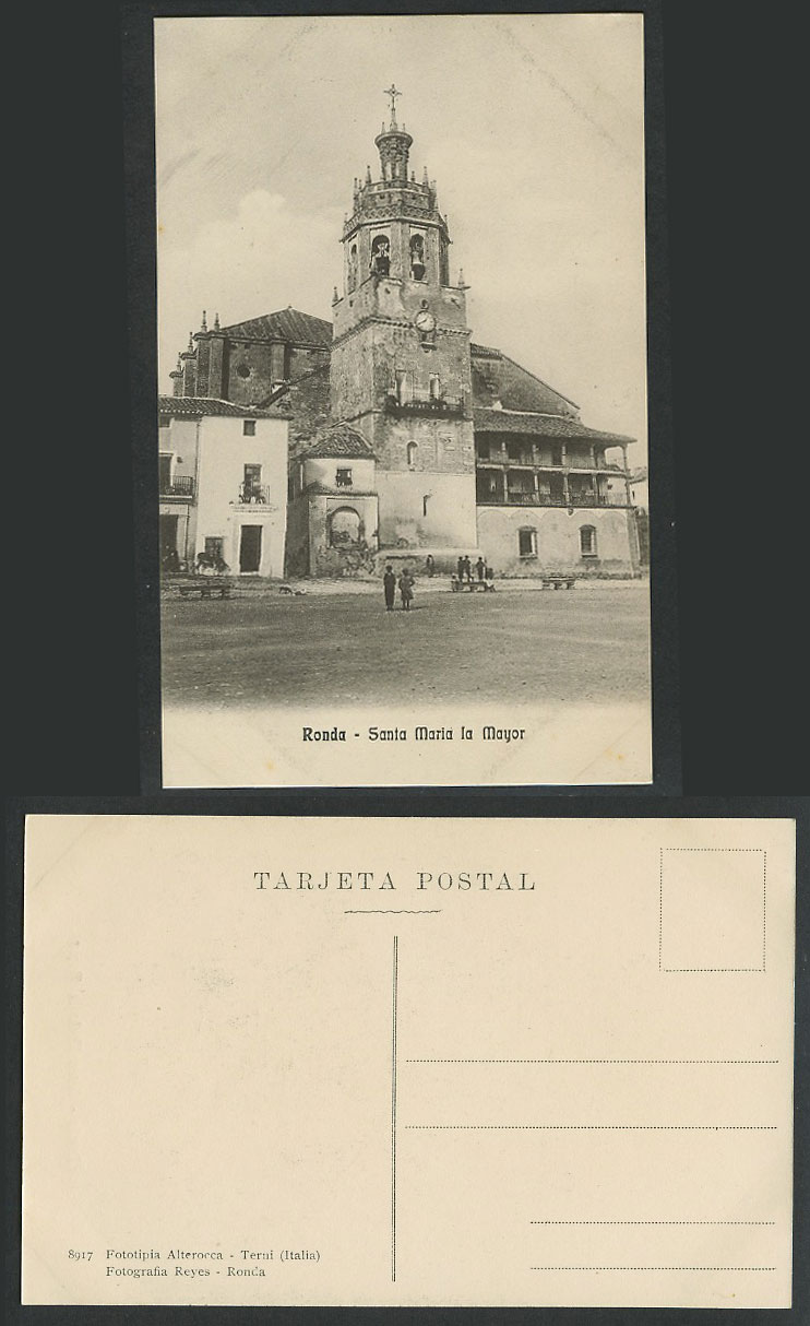 Spain Old Postcard Ronda Santa Maria la Mayor Church, Bell & Clock Tower, Street