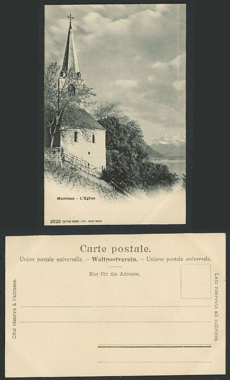 Switzerland Swiss Old UB Postcard Montreux L'Eglise Church Bell Tower Cross Lake
