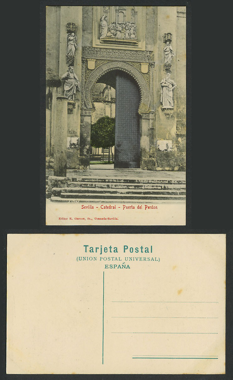 Spain Old Hand Tinted Postcard Sevilla Catedral Puerta del Perdon Cathedral Door