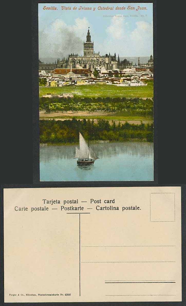 Spain Old Colour Postcard Sevilla, Triana & Cathedral from San Juan Sailing Boat