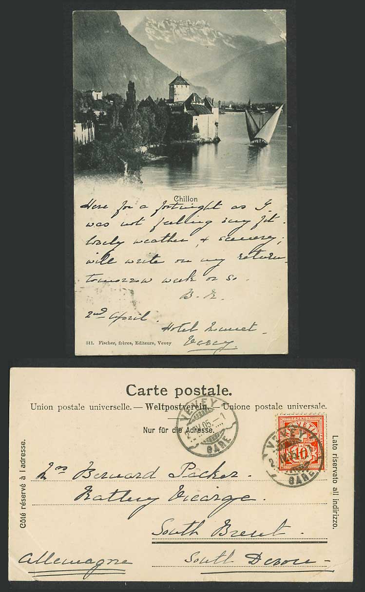 Switzerland Swiss 10c 1905 Old UB Postcard Chateau de Chillon, Sailing Boat Lake