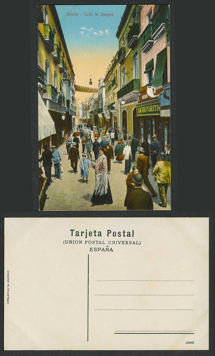 Spain Old Colour Postcard Sevilla Calle la Sierpes Street Scene La Favorita Shop