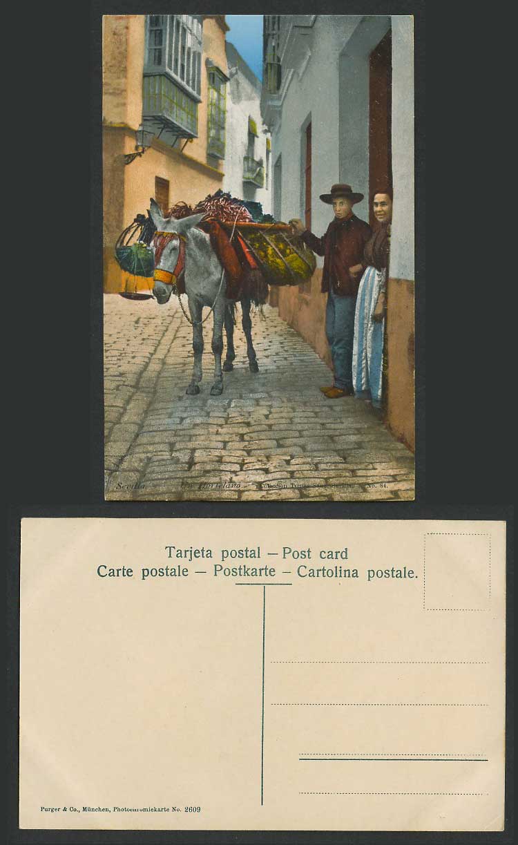 Spain Old Colour Postcard Sevilla Un Hortelano, Donkey Street scene Man Woman 84