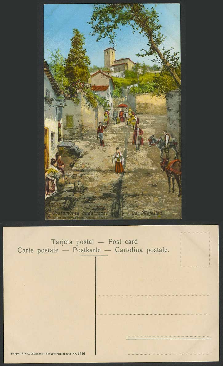 Spain Sevilla Old Color Postcard Costumbres andaluzas La Majestad Majesty Donkey