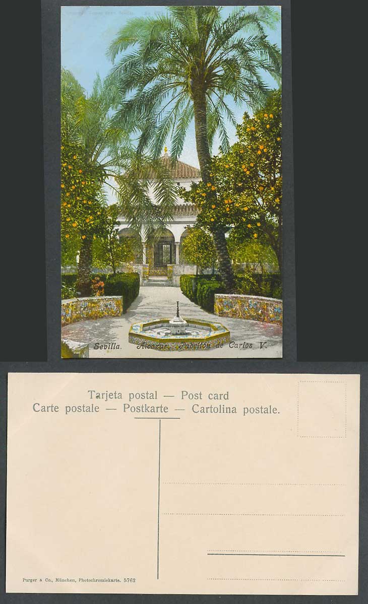 Spain Old Color Postcard Sevilla Alcazar Pabellon de Carlos V Fountain Palm Tree