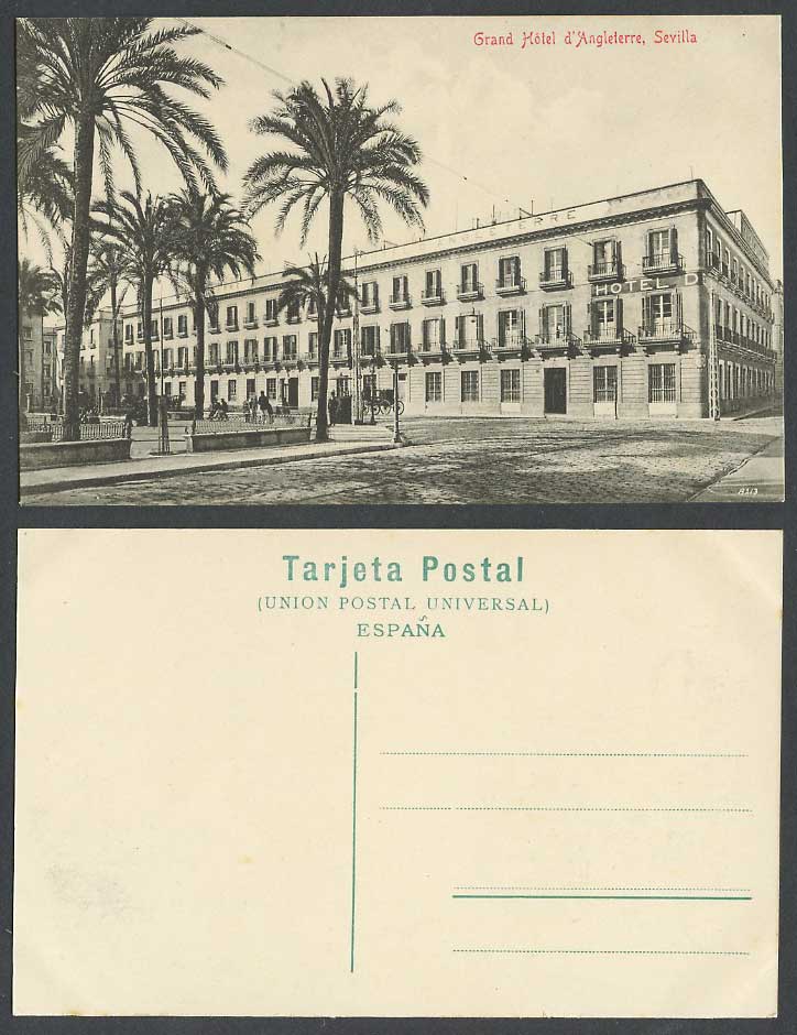 Spain Old Postcard Sevilla Grand Hotel d'Angleterre Street Scene Palm Trees Cart