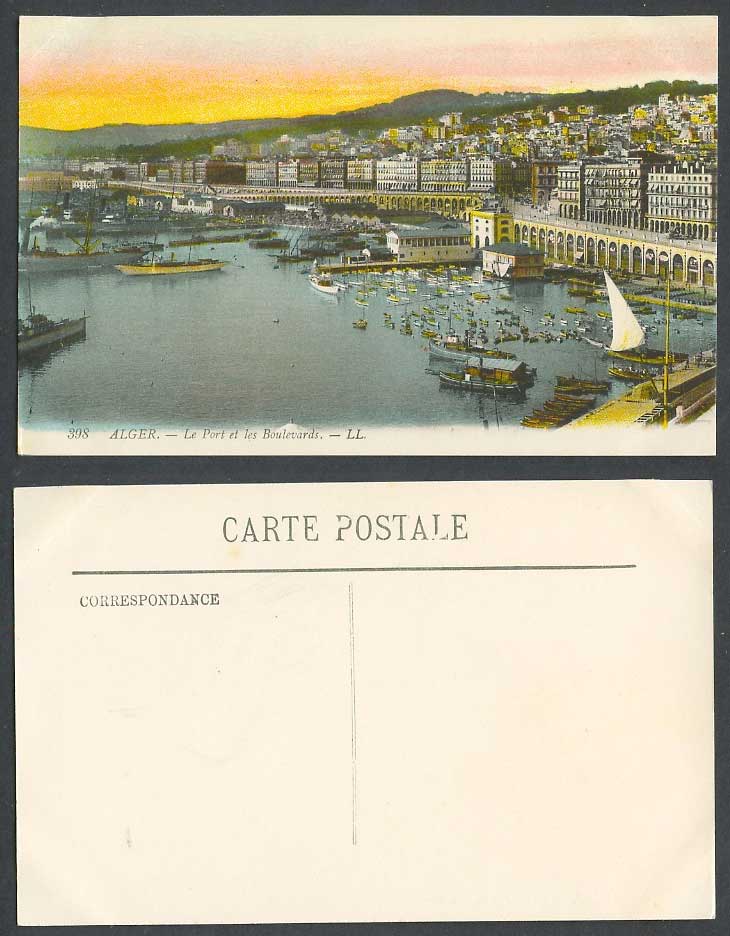 Algeria Old Postcard Alger Le Port et les Boulevards Harbour Boats Ships L.L.398