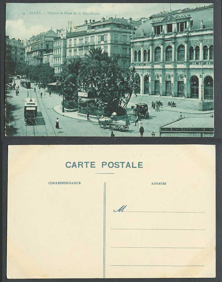 Algeria Old Postcard Alger, Theatre et Place de la Republique, TRAM Street Scene