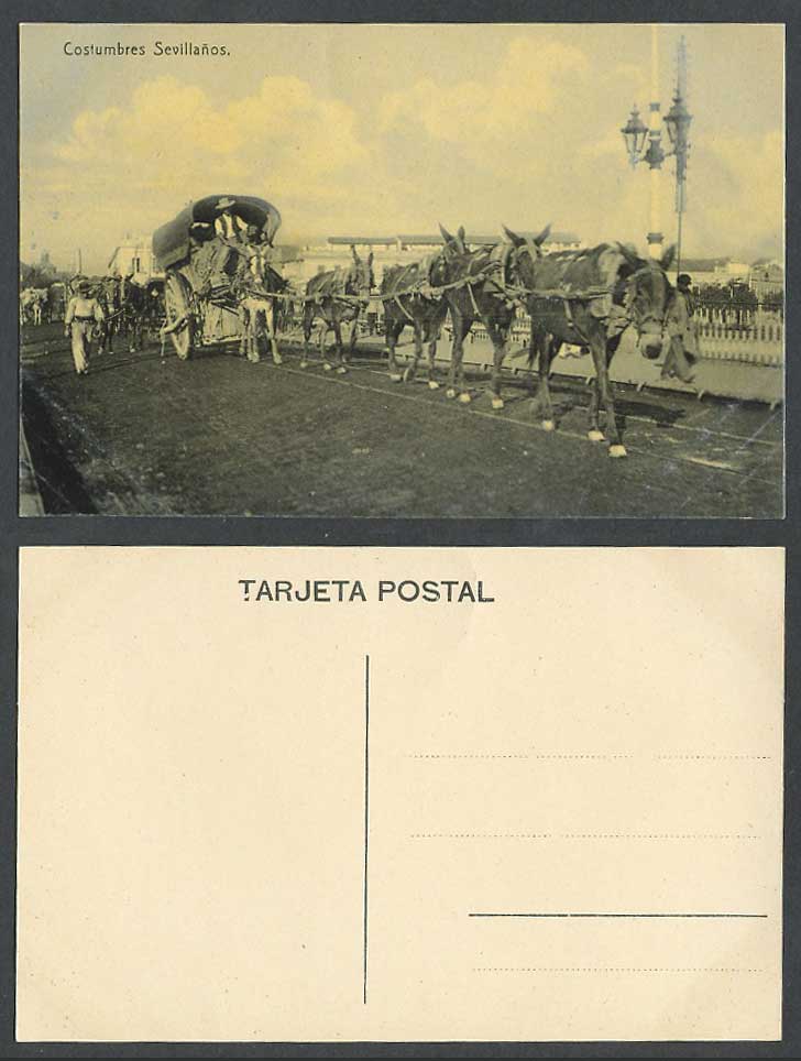 Spain Old Postcard Sevilla Costumbres Sevillanos Donkeys Drawn Cart Street Scene