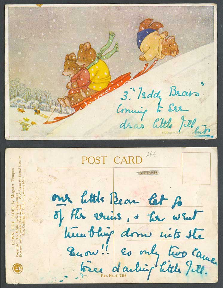 Margaret Tempest Old Postcard Down The Slope Bears on Sled Sledge Toboggan Snowy
