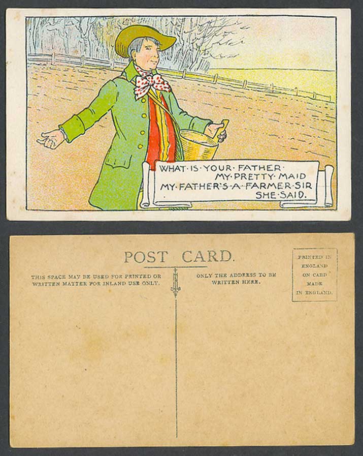 What is your father my pretty maid? My father's a farmer Sir Old Postcard Sowing