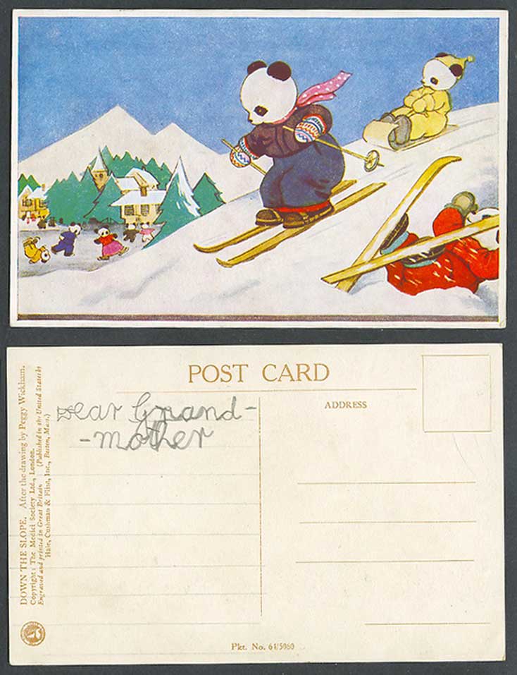 Peggy Wickham Chinese Giant Panda Skiing Skiers Skis Down The Slope Old Postcard