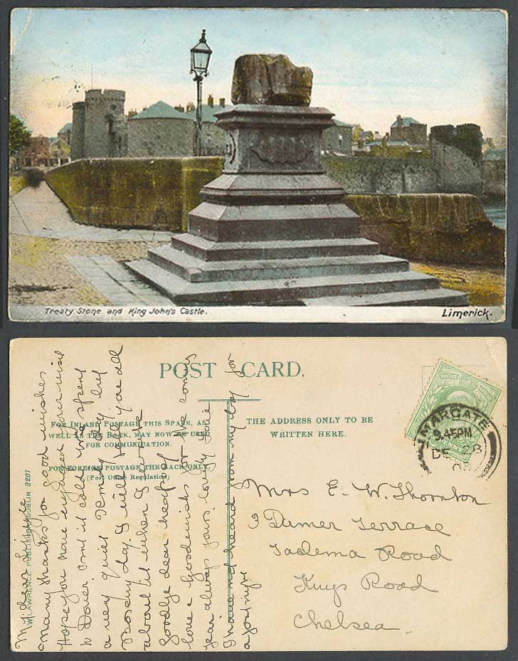 Ireland Co. Limerick 1908 Old Colour Postcard Treaty Stone & King John's Castle