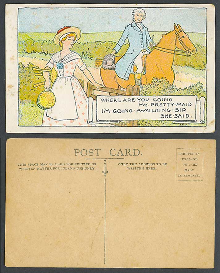 Where Are you going my pretty maid? I'm going a-milking. Sir. Horse Old Postcard