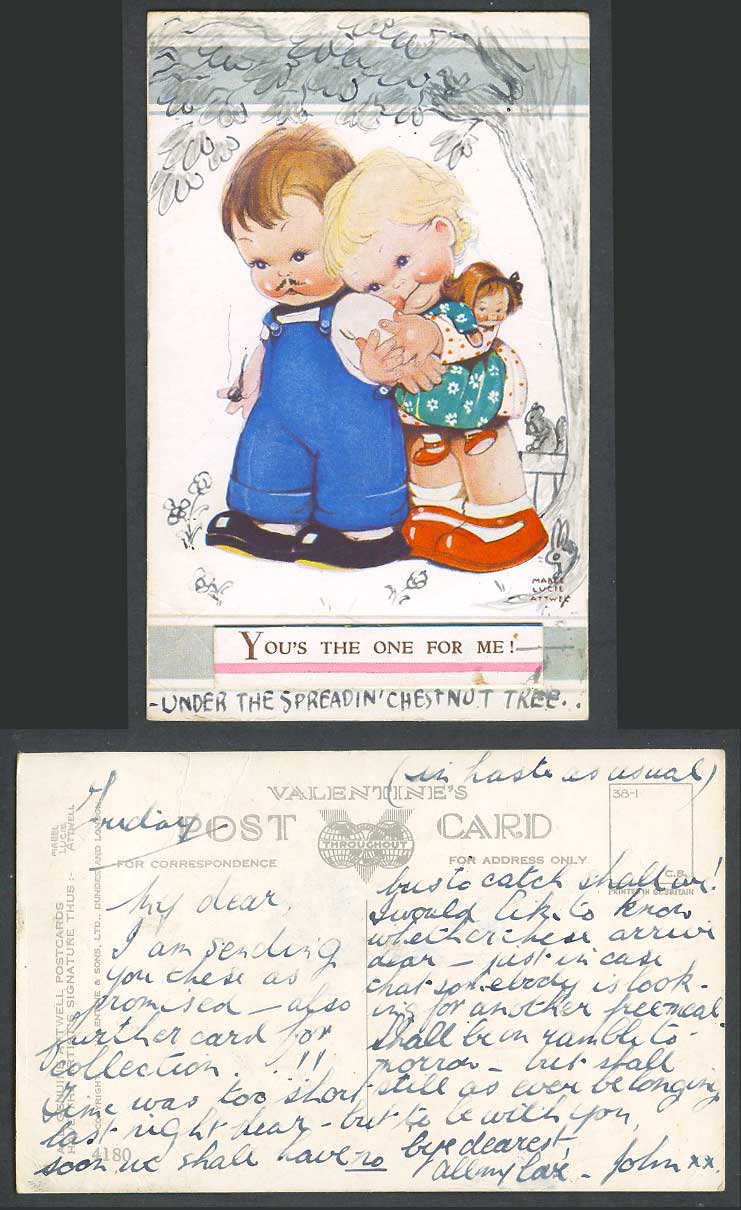 MABEL LUCIE ATTWELL Old Postcard Doll Rabbit Squirrel Your's The One For Me 4180