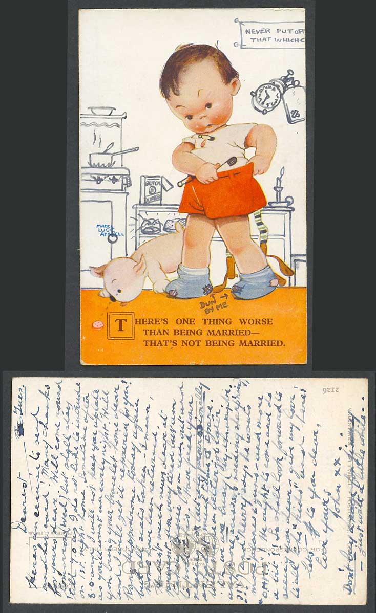 MABEL LUCIE ATTWELL Old Postcard Boy, Dog Puppy, Not Being Married is Worse 2126