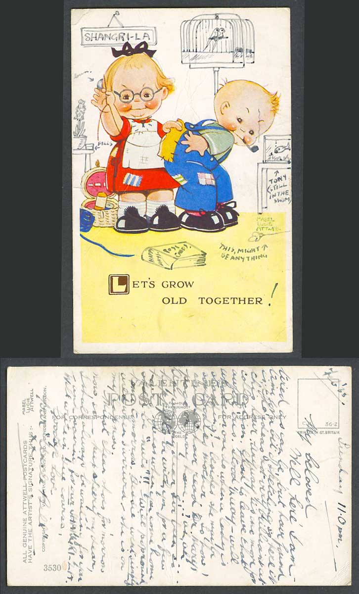 MABEL LUCIE ATTWELL Old Postcard Lets Grow Old Together 3530 Birdcage Shangri-La
