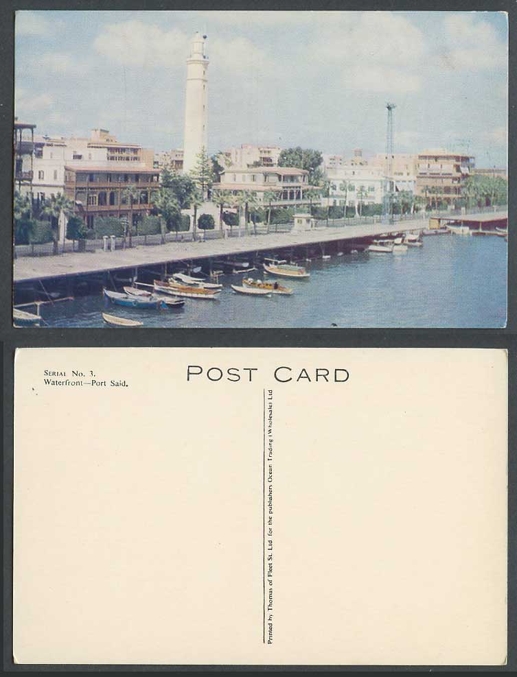Egypt Old Color Postcard Port Said Waterfront Lighthouse Boat Quay Boats Harbour