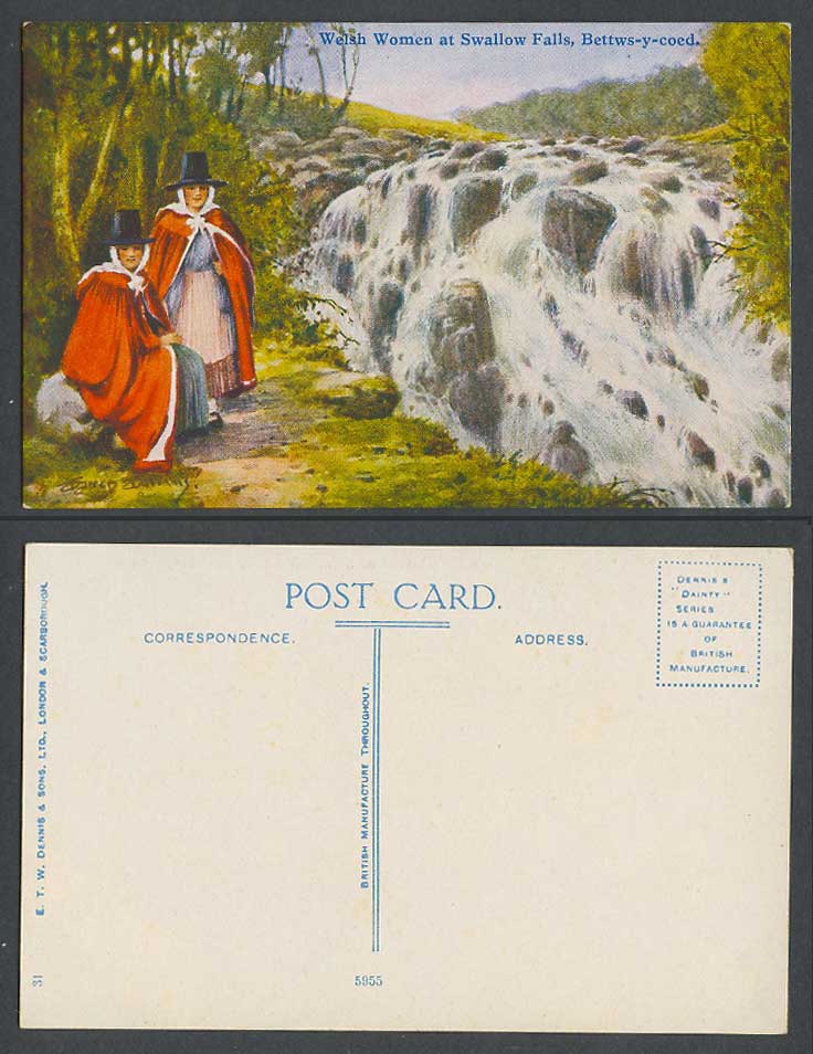 Bettws-y-Coed Welsh Women at Swallow Falls, Wales Old ART Postcard Artist Signed