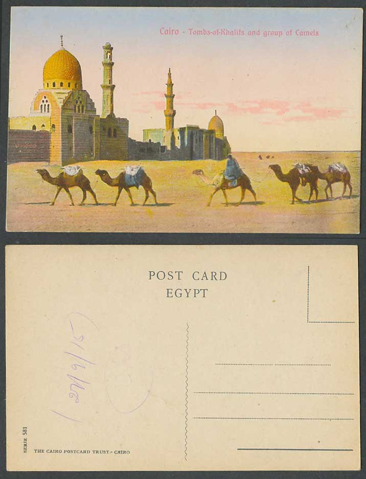 Egypt 1915 Old Postcard Cairo Tombs of Khalifs and Group of Camels Camel Caravan
