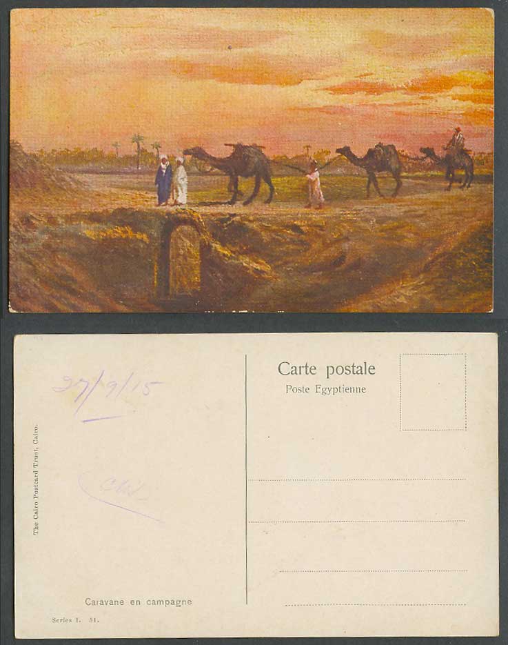 Egypt 1915 Old Postcard Camel Caravan in Countryside Camels Caravane en Campagne