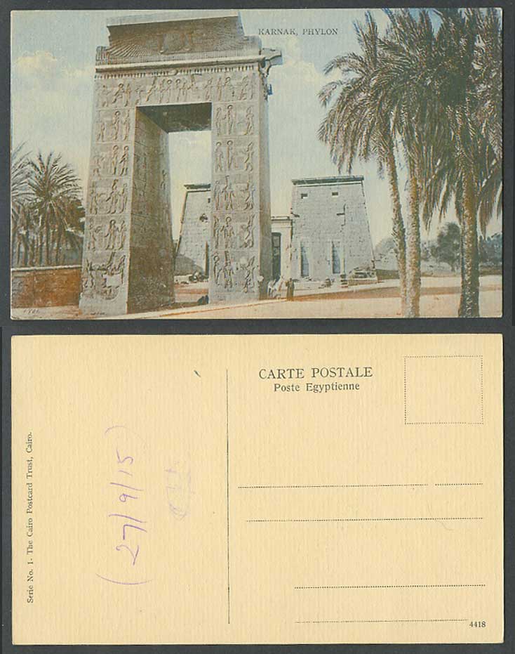 Egypt 1915 Old Postcard Karnak Phylon Temple Egyptian Temple Ruins Gate Carvings