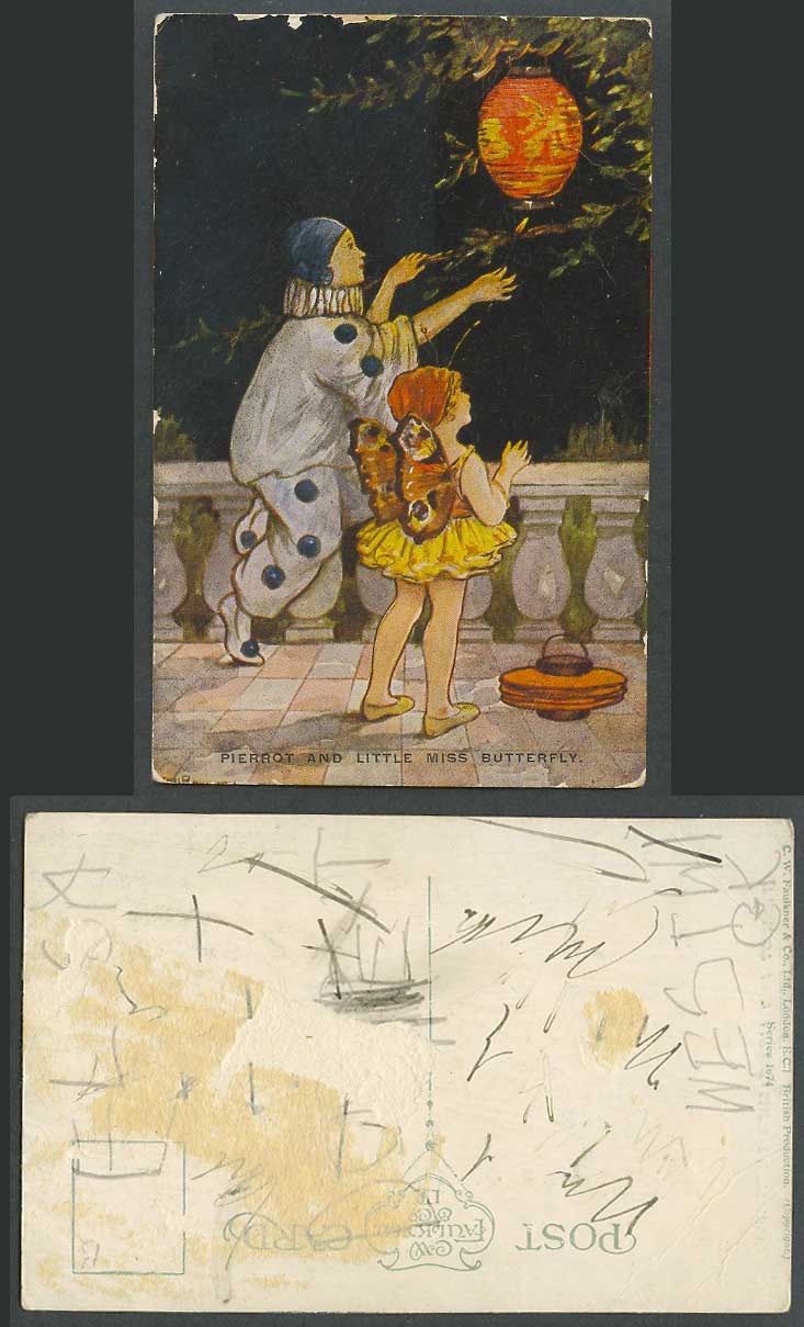 Clown Pierrot & Little Miss Butterfly, Fairy Girl Paper Lantern Old ART Postcard