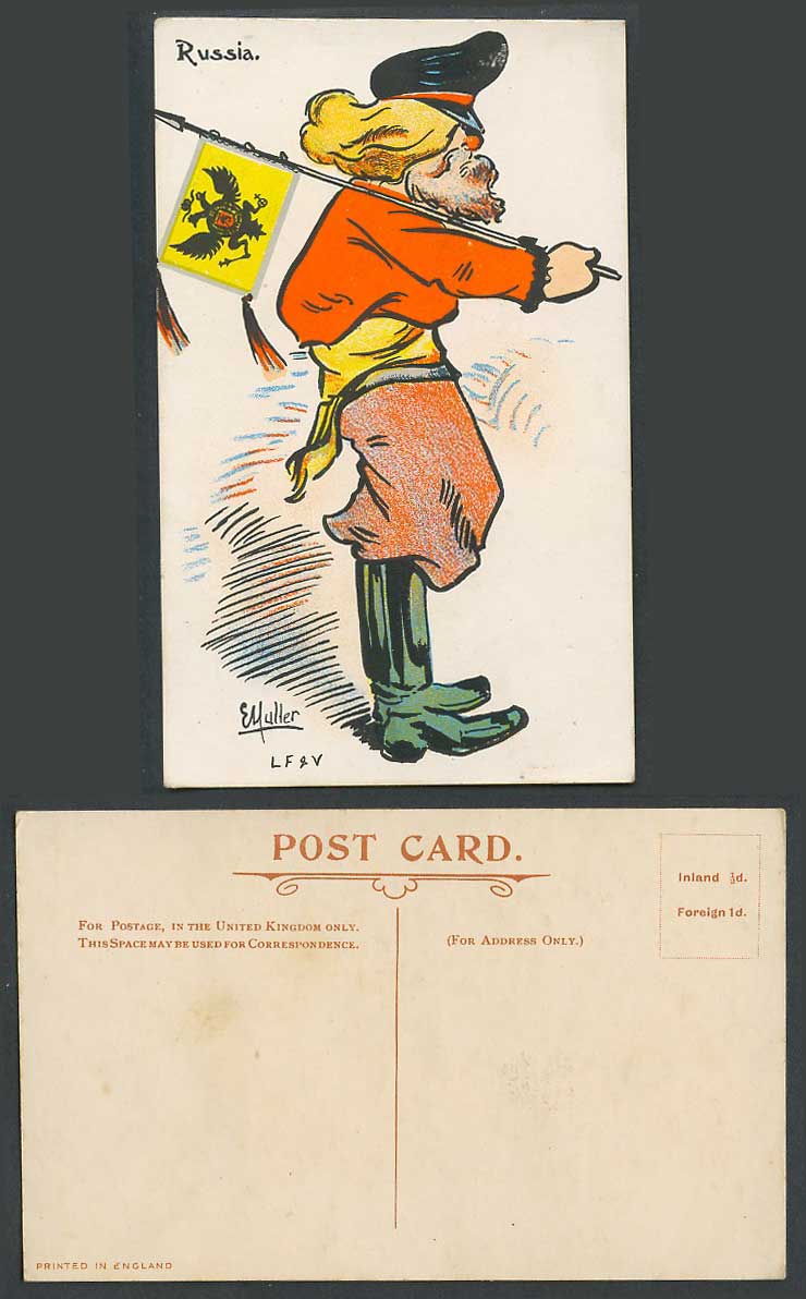 Russia Man Carrying Flag with Coat of Arms, E. Hulter Artist Signed Old Postcard