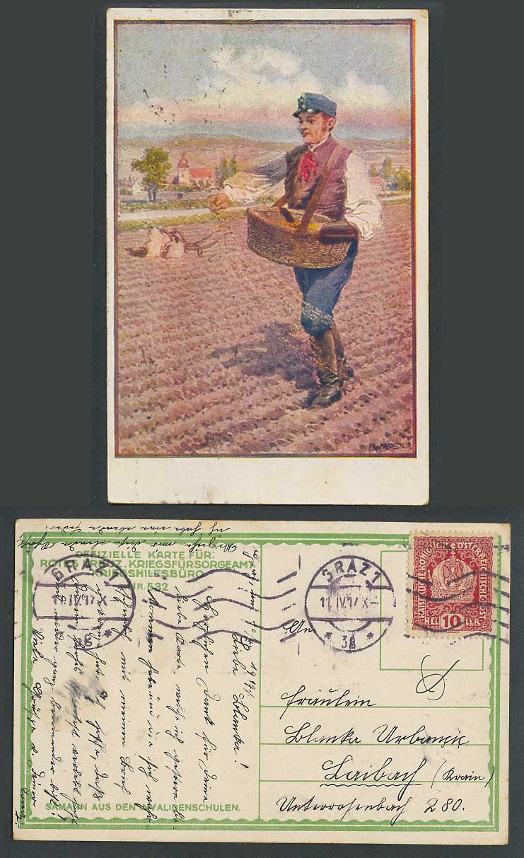 R. Moser Artist Signed 1917 Old Postcard Sower from Disability School, Red Cross