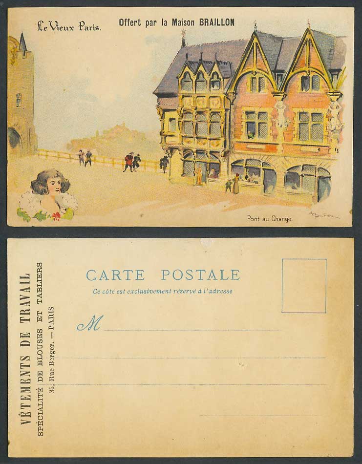 Paris Offert par Maison Braillon Pont au Change Bridge ArtistSigned Old Postcard