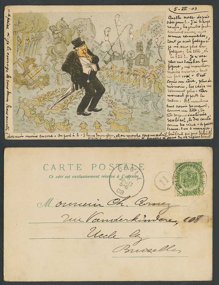 Dogs Puppies, Horse Rider, Drunk Man Umbrella, Comic Humour 1903 Old UB Postcard