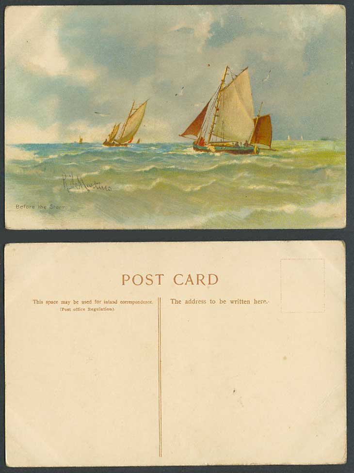 R. de Martino Artist Signed Old Postcard Before the Storm, Sailing Boats Vessels