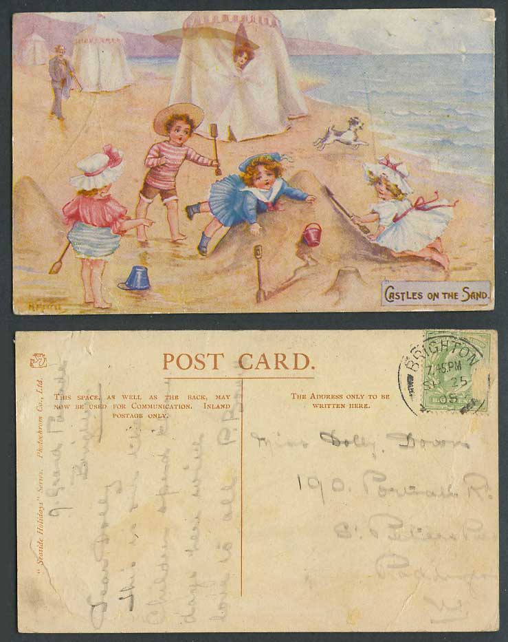 M. Morris Artist Signed 1908 Old Postcard Castles on The Sand, Children on Beach