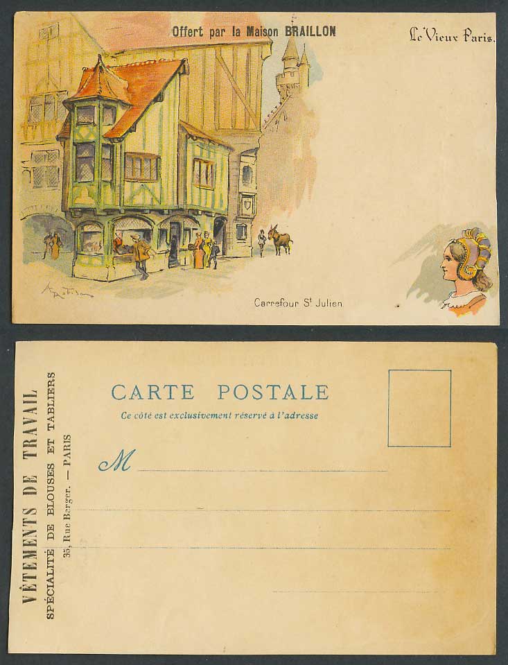 Paris Carrefour St. Julien Offert par Maison Braillon Artist Signed Old Postcard