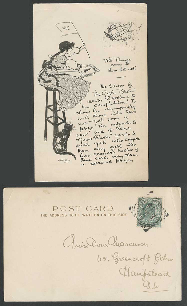 Hilda H. Cowham 1902 Old Postcard The Girls Realm Black Cat Kitten ME Flag Prize