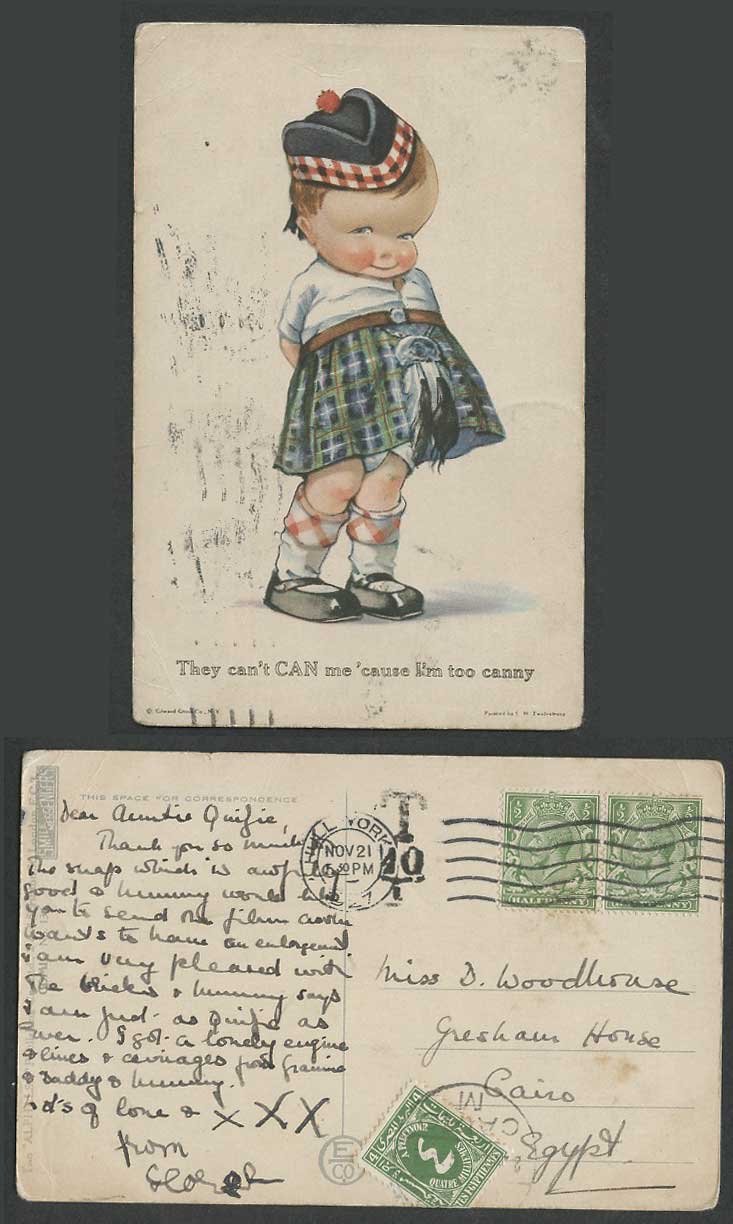 Scottish Boy Postage Due Egypt 1927 Old Postcard They Can't CAN me I'm too canny
