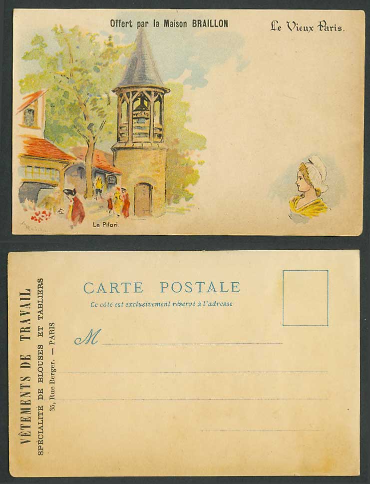 Paris Le Pilori Offert par la Maison Braillon, Woman, Artist Signed Old Postcard