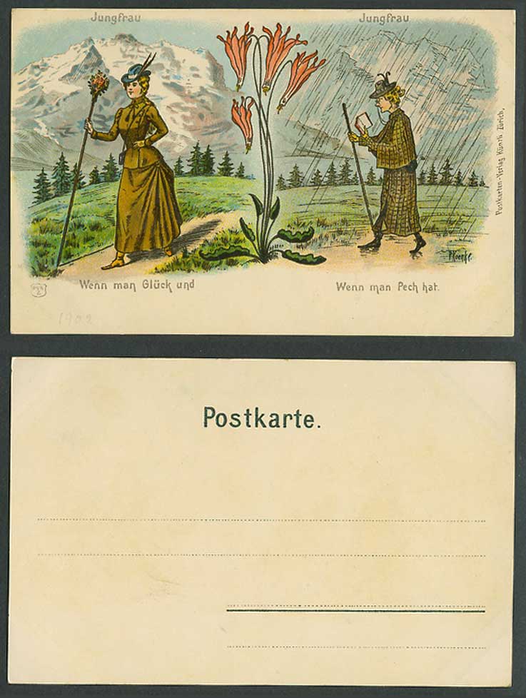 P Koenke Artist Signed 1902 Old Postcard Jungfrau Swiss Lady, Lucky Unlucky Rain