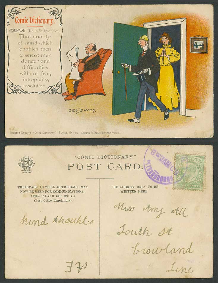 Geo Davey 1906 Old Postcard Comic Dictionary Courage Noun Substantive Lady 2 Men