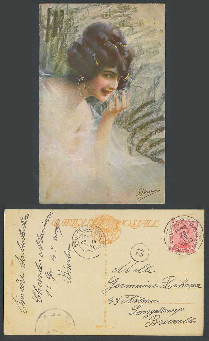 Artist Signed, Beautiful Glamour Woman Lady Girl, Belgium 10c 1920 Old Postcard
