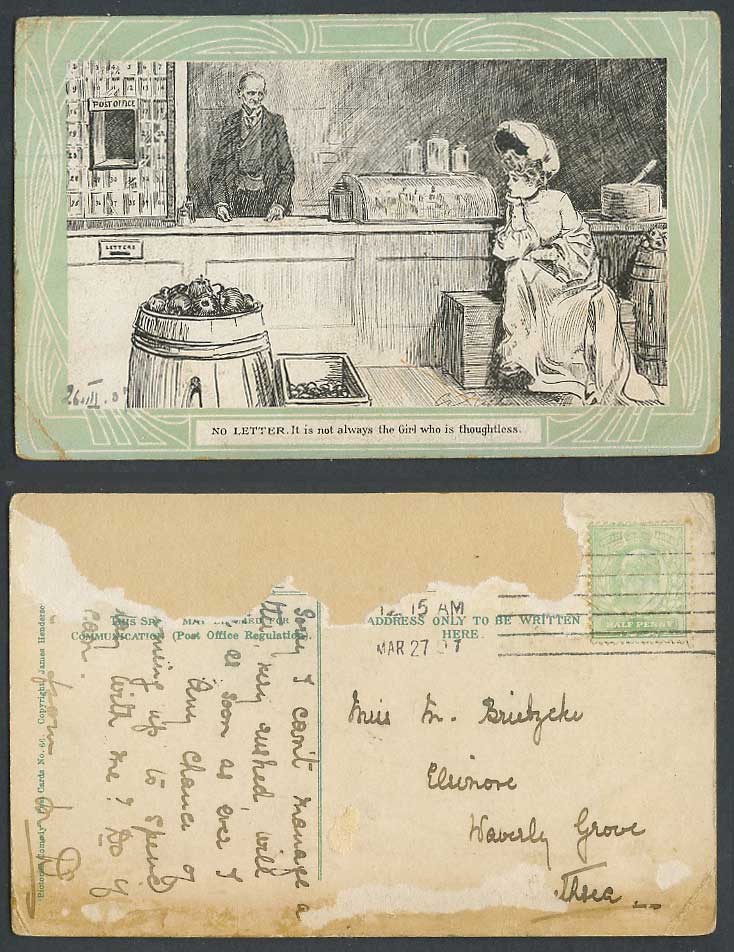 Post Office No Letter It is Not always Girl who is thoughtless 1907 Old Postcard