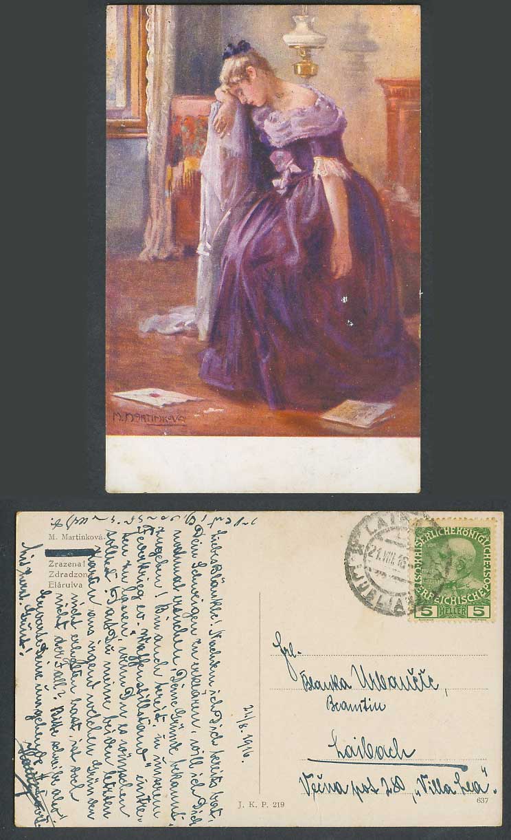 M. Martinkova Artist Signed 1916 Old Postcard Zrazena Zdradzona Elarulva, Woman