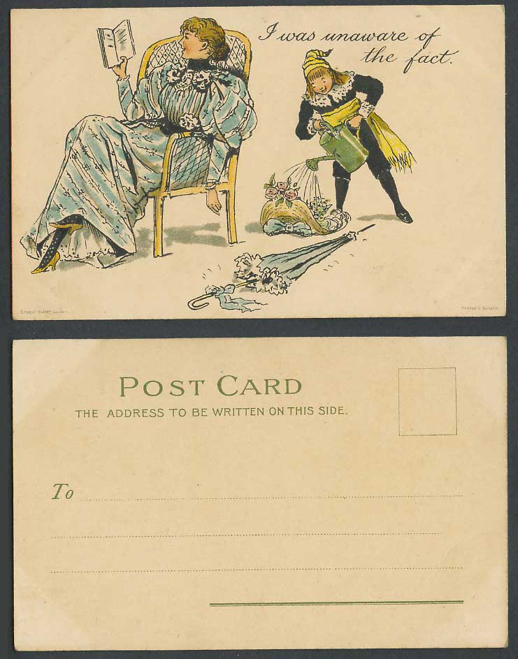 Comic Humour I was Unaware of The Fact Maid Watering Flowers on Hat Old Postcard